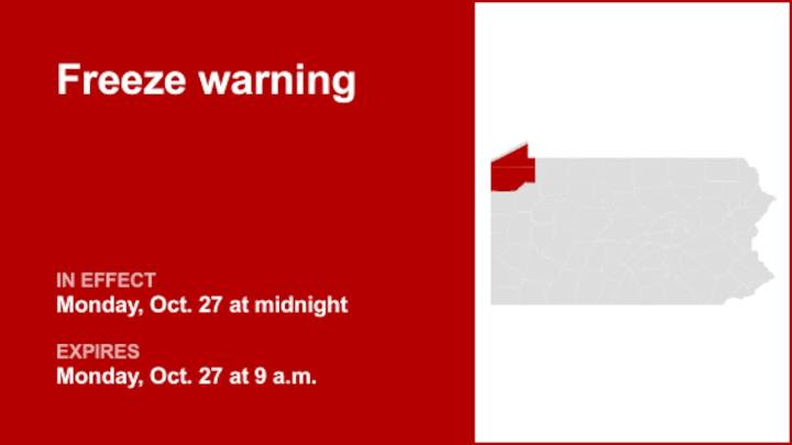 Update: Southern Erie and Crawford County under a freeze warning Monday