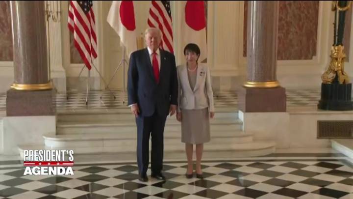 Trump praises Japan’s new prime minister, talks to troops on US aircraft carrier