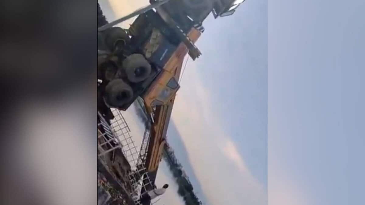Video: Crane overturns during Durga idol immersion in Hyderabad