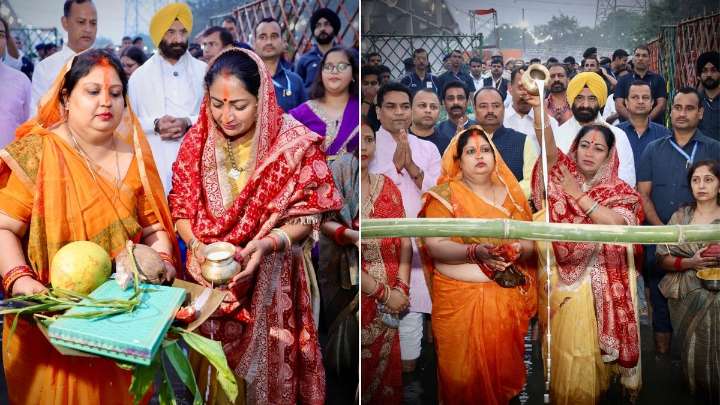 Delhi CM Rekha Gupta takes part in Chhath Puja at Yamuna ghat