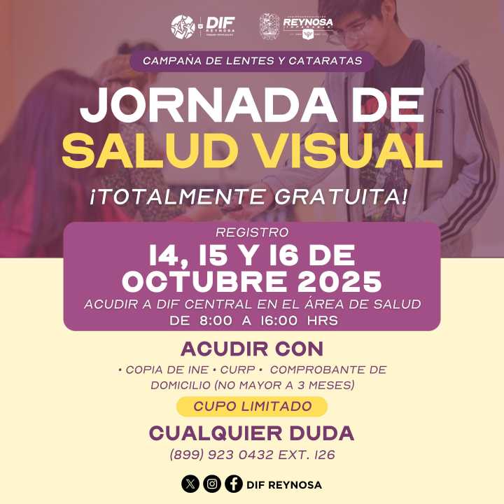Invita DIF-Reynosa a registrarse a Jornada de Salud Visual para apoyar a la población con problemas de la vista