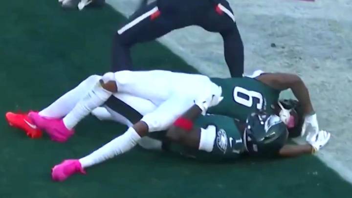 Eagles receivers Devonta Smith and AJ Brown awkwardly collide on Hail Mary attempt as fans joke it's a 'tush push remix'