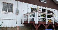 Building damaged by fire at Farmington Campground