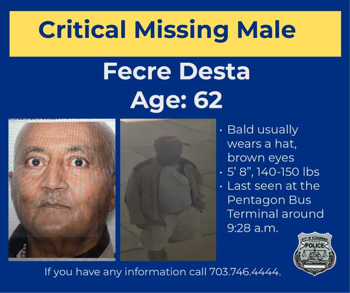 Urgent: Alexandria Police Seek Help Finding Missing Man Fecre Desta, 62