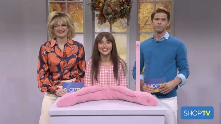 Sabrina Carpenter is selling an interesting neck pillow in SNL Shop TV sketch