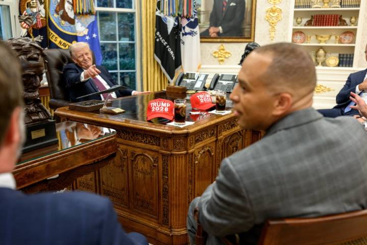 Trump posts photo of 'Trump 2028' hats at leadership meeting