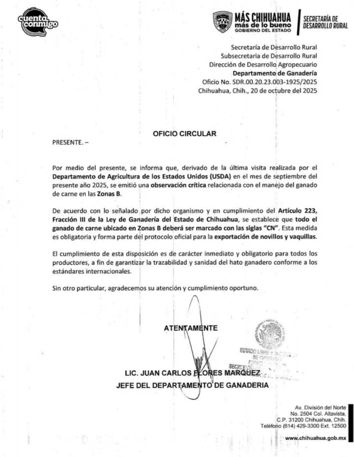 Emiten comunicado para ordenar marcaje con “CN” al ganado de Zonas B tras observación de Estados Unidos