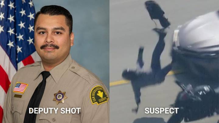 Motorcyclist who allegedly shot deputy crashes into car during San Bernardino County police chase
