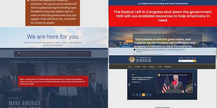 Multiple websites of federal agencies display messages blaming Democrats for the government shutdown