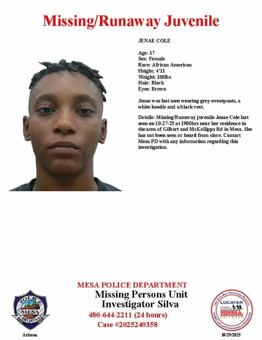 Jenae Cole, 17, missing from Mesa, police say