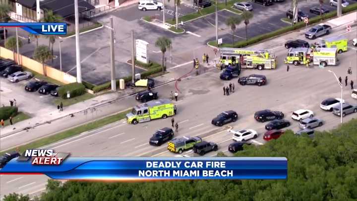 1 dead, 3 hospitalized after multi-car crash leads to car fire in North Miami Beach; westbound NE 163rd St closed