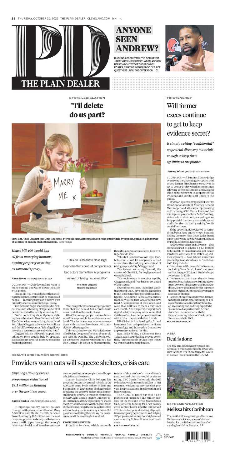 The Plain Dealer’s front page for October 30, 2025