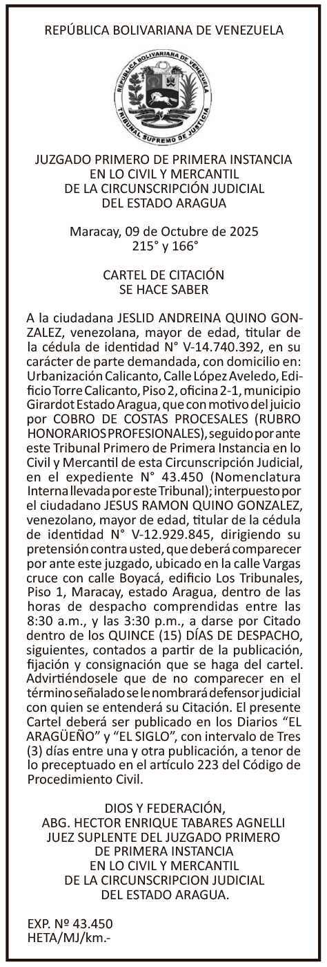 Cartel de Citación: Jeslid Andreina Quino González