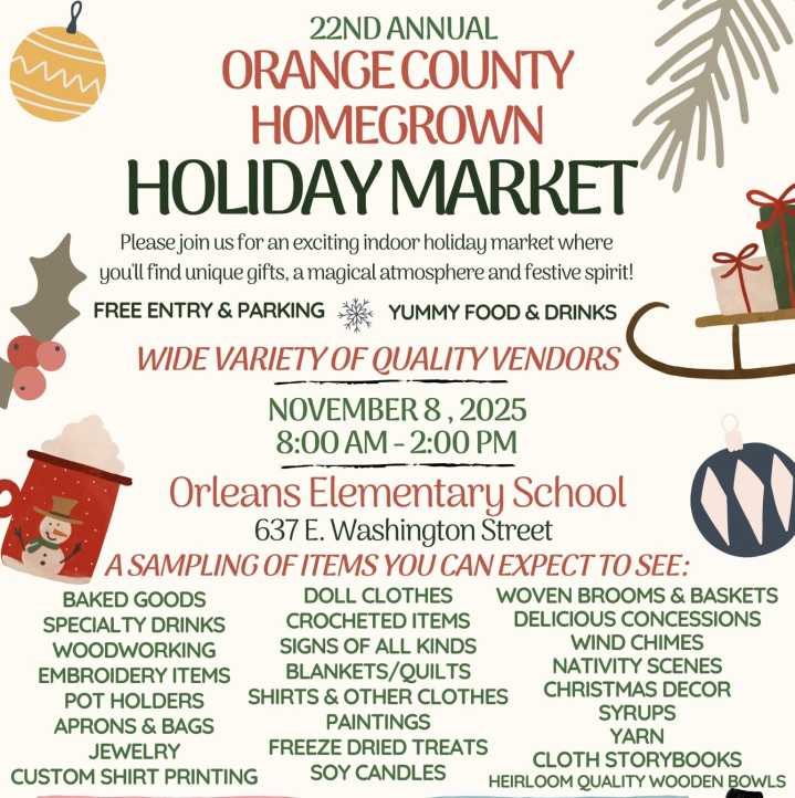 22nd Annual Orange County Homegrown Holiday Market set for Nov. 8 in Orleans