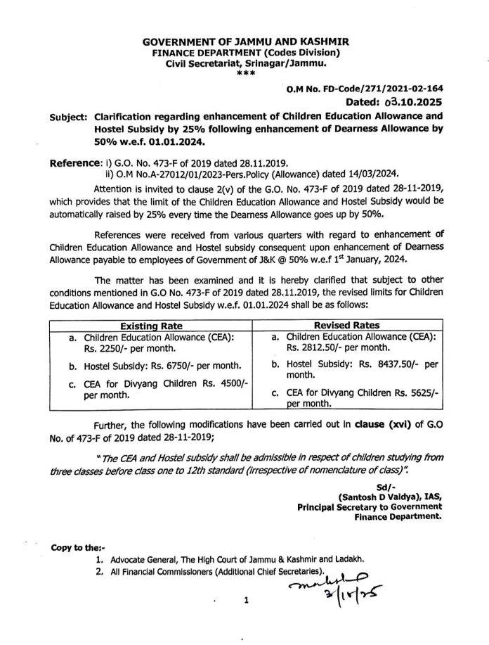 J&K Govt Hikes Children Education Allowance, Hostel Subsidy by 25%
