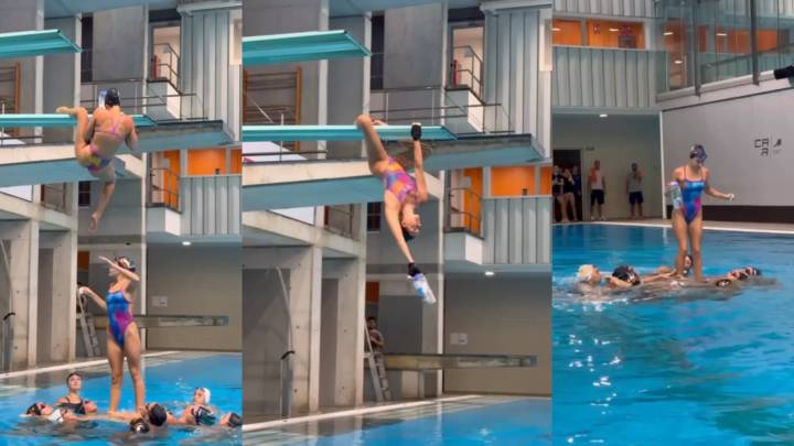 El loco reto del equipo de natación artística: Sara Saldaña, suspendida de un trampolín como Spider