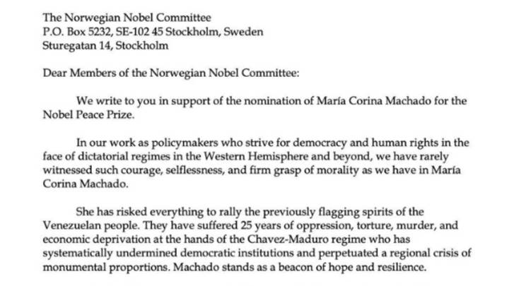 Esta es la carta firmada por Marco Rubio y otros políticos de EE. UU. en la que nominaron a María Corina Machado al Nobel de Paz: 'Ha arriesgado todo'