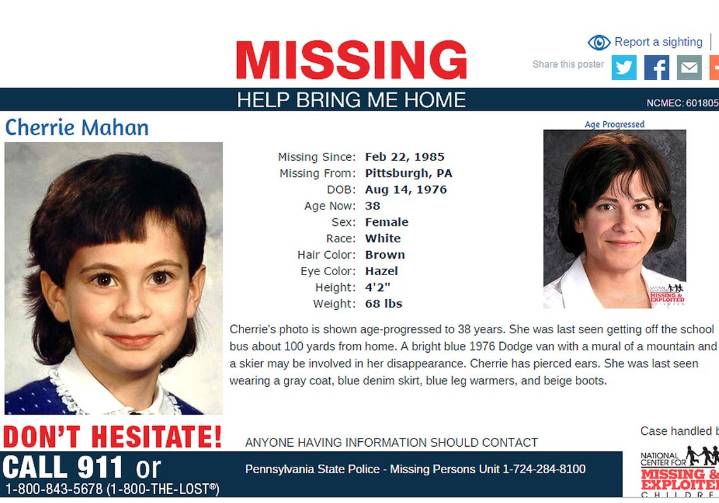 New clues in 1985 Cherrie Mahan case, the Pittsburgh-area girl missing since 1985?