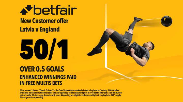 Latvia v England betting offer: Get 50/1 on a goal to be scored with Betfair
