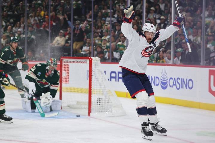 Marchenko’s hat trick and Merzlikins’ 48 saves help Blue Jackets spoil Wild home opener with 7