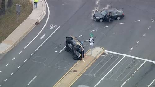 Delaware state trooper vehicle overturned in crash at Foulk Road and Naamans Road in Talleyville, New Castle County