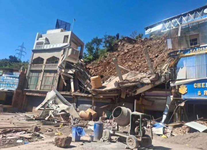 Landslide struck Narsoo market in Samroli area; several commercial structures damaged