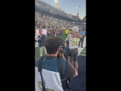 Tech head coach Brent Key and QB Haynes King embrace after win over Virginia Tech