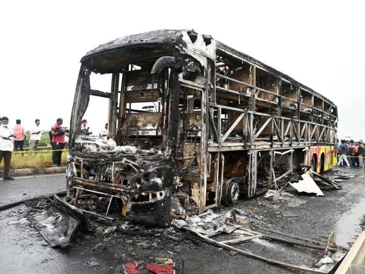 Bus catches fire after being hit by a motorcycle, killing at least 25