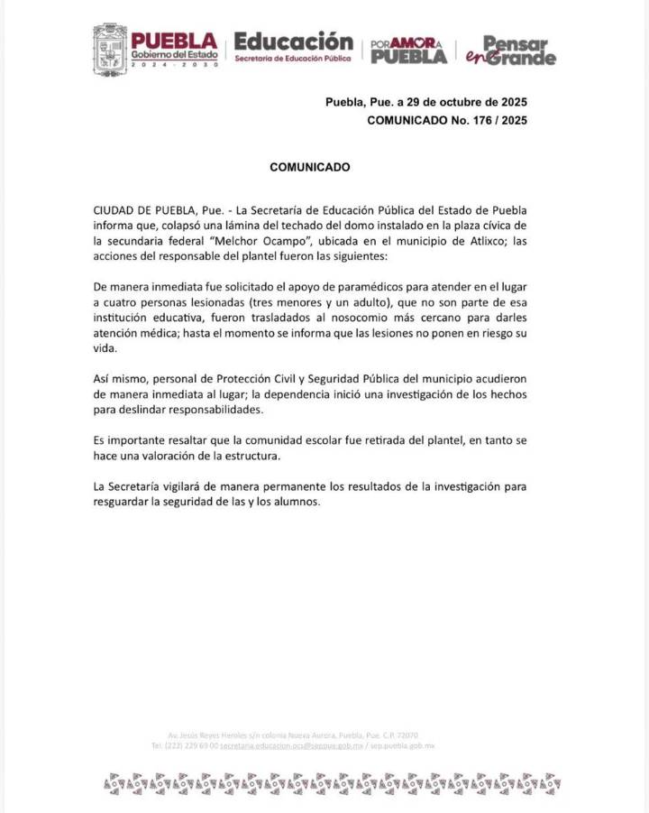 Fuertes vientos en Atlixco desprenden techado de secundaria y dejan cuatro lesionados