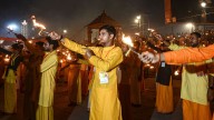 Ayodhya's Saryu ghat lights up as devotees gather to perform aarti on Dhanteras