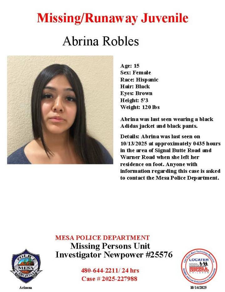 Abrina Robles, 15, missing from Mesa, police say