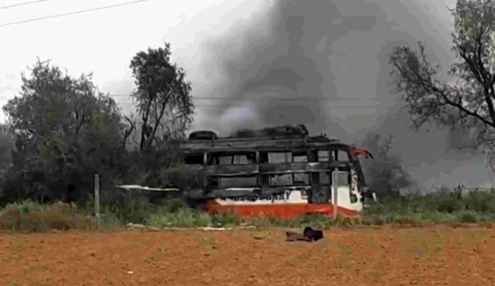 Two killed as bus catches fire after coming in contact with power line in Rajasthan