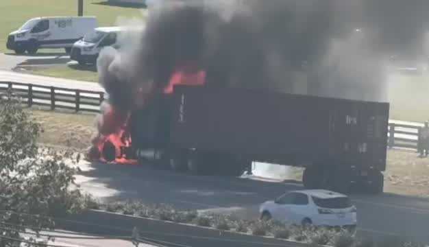 VIDEO | Semi cab goes up in flames on I-64 near Hurstbourne