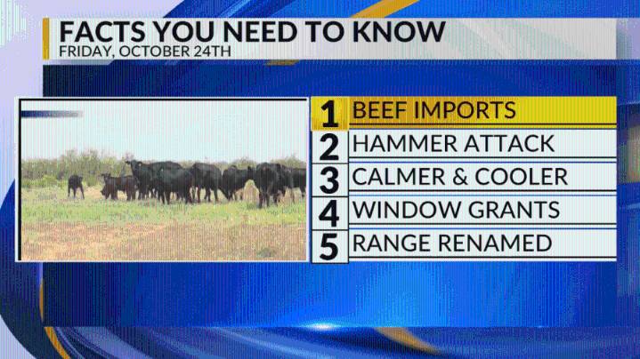 Beef imports, Hammer attack, Calm and cooler temperatures, Window grants, Shooting range renamed