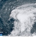 Tropical Storm Lorenzo churns over open water in the Atlantic Ocean