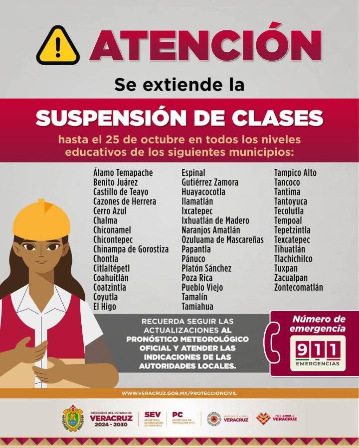 Extienden suspensión de clases en 43 municipios del norte de Veracruz