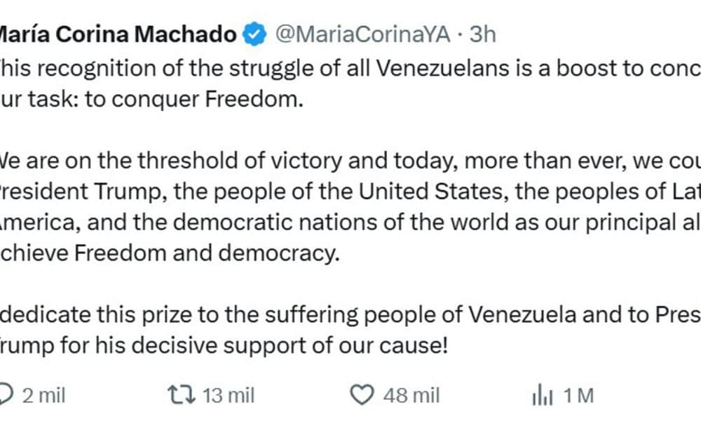 María Corina Machado acepta el Premio Nobel de la Paz 2025 y lo dedica a “cada venezolano”