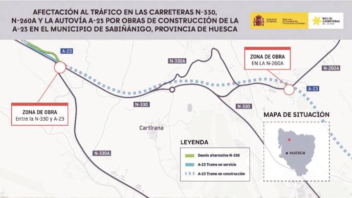 Nuevos desvíos en la variante de Sabiñánigo por las obras de la autovía A