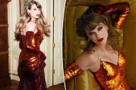 Taylor Swift wears an orange sequined Gucci gown to promote “Life of a Showgirl”