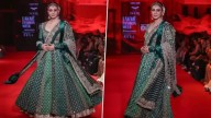 Agency News Lakme Fashion Week X FDCI 2025: Tabu Radiates Bridal Grace in Deep-Green Anarkali From ‘Noor’ Collection (View Pics)