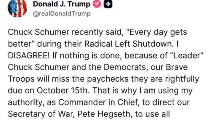 President Trump says he has found funds to pay US military in shutdown