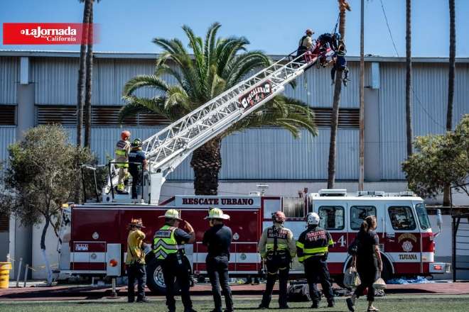 Hombre queda atrapado en palmera al podarla en Unidad Deportiva Tomás Aquino