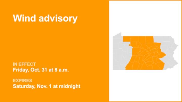 Central Pa. placed under a wind advisory Friday and Saturday