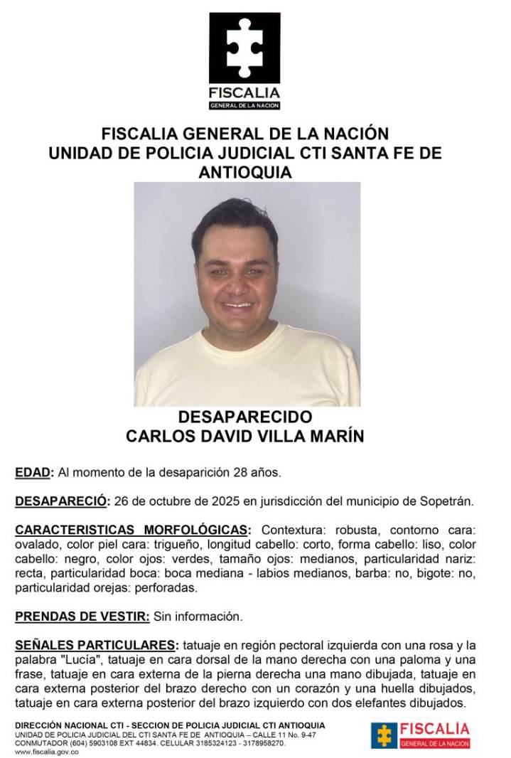 Carlos David Villa desapareció en el municipio de Sopetrán