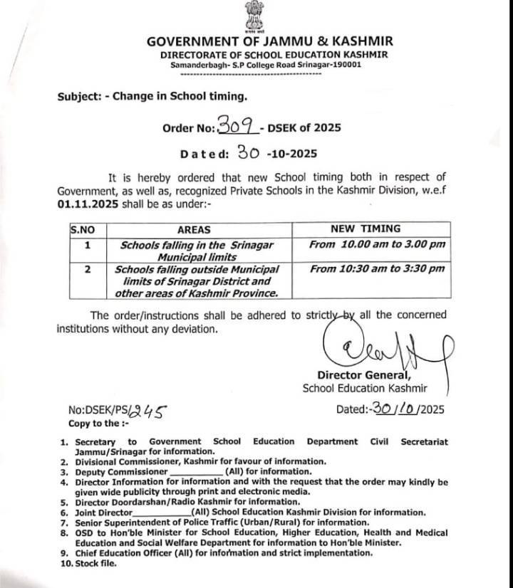 New School Timings Announced for Kashmir Division