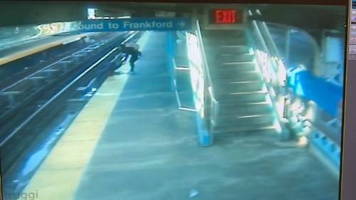 Shocking video shows woman fall onto tracks along SEPTA's Market-Frankford Line as bystander comes to the rescue