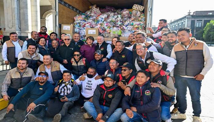 Delfina Gómez recibe 14 toneladas de ayuda humanitaria del SUTEYM para familias damnificadas