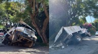 Camión de volteo cae en un socavón en la colonia Lomas de San Antón, Cuernavaca