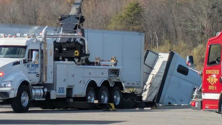 Semi-truck rolls into pond outside Love's station