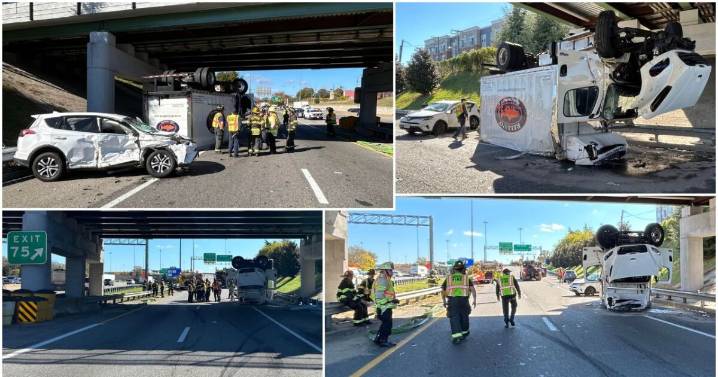 3 injured after I-95 wreck in Richmond; crews work to drag flipped box truck down exit ramp